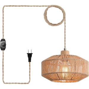 Hchunqjor Coastal Woven Plug in Pendant Light with 14ft Handmade Hemp Rope Light Cord, Dimmable Switch, Natural Basket Hanging Lamp for Bedroom Kitchen Island Decor Farmhouse Living Room