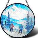 ERMCDFHC Stained Glass Window Hanging, Skiers in Winter Mountains Design Round Sun Catchers Glass Panel Suncatcher Decor for Home, 7.8Inch. (028)