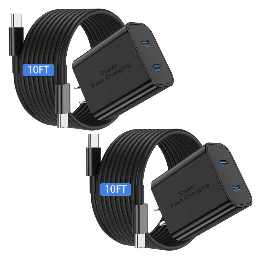 Dual Port 45W Super Fast Charger and Long USB C to C Cable 10ft, Type C Wall Block/Android Phone Charging Cord for Samsung Galaxy S26/S25/S24 Ultra/S23+/S22 Plus/S21/S20/Note 20/10/iPhone 17 16 15 Pro