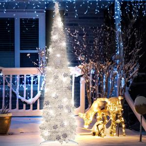 5FT Pop up Christmas Tree for Indoor Decoration Pre-lit Mini Christmas Tree with 60 Lights, Silver White Artificial Pencil Tree Collapsible Tinsel Lighted up with Snowflake Glitter