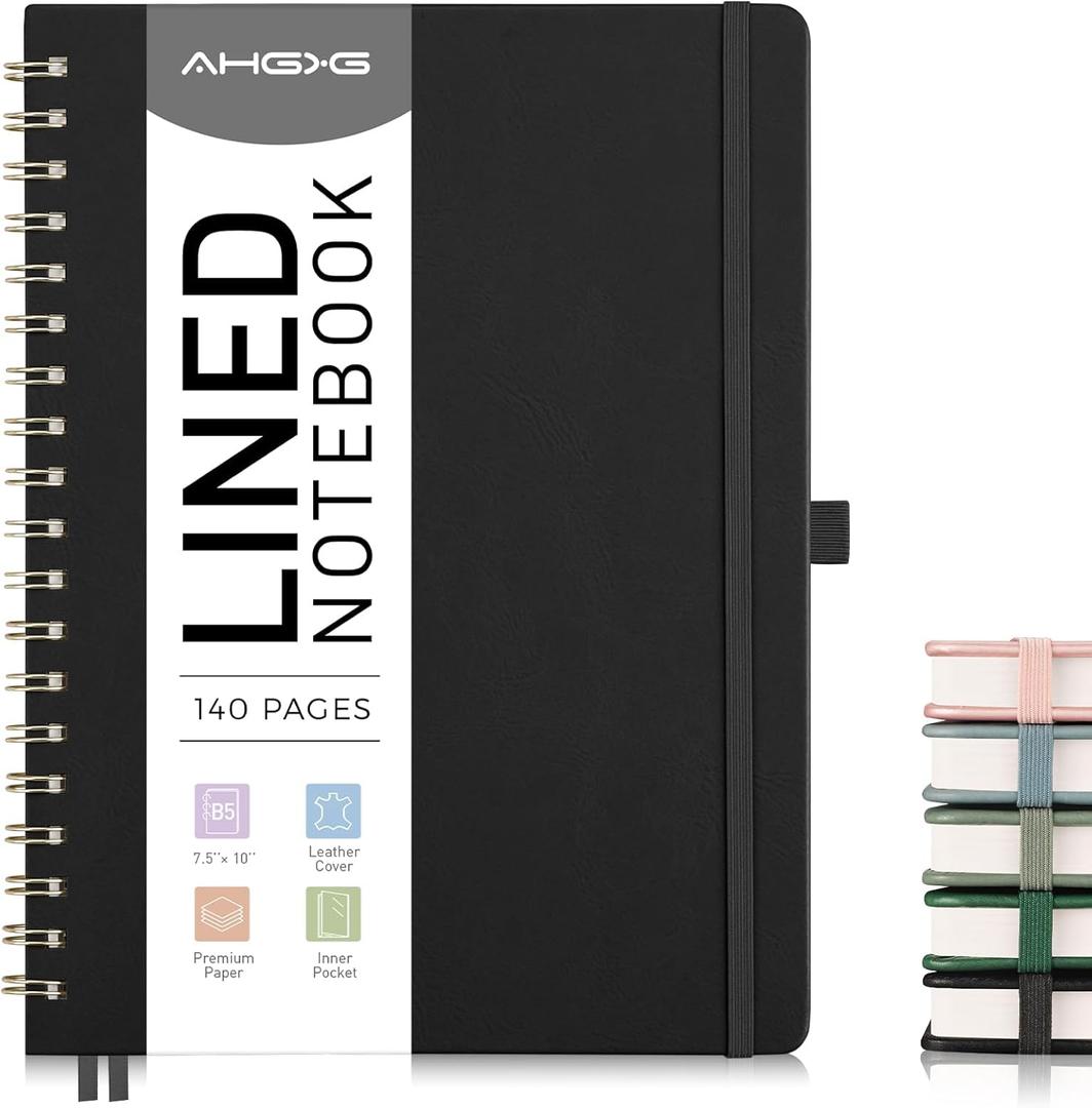 AHGXG Lined Spiral Journal Notebook, B5 Large Notebooks for Women Men, 140 Pages Hardcover Leather Notebook College Ruled, 100 GSM Paper, Notebooks for Work School Note Taking, 7.6" x 10", Black
