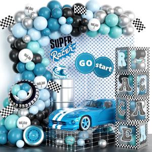 Race Car Balloon Garland Arch Kit with Balloon Boxes, Race Car Birthday Party Decorations, Birthday Party Decorations for Boys, Retro Blue Black Vintage Car Foil Balloon Checkered Flag Wheel