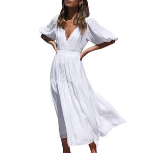 MessBebe Women's 2024 Summer Maxi Dress Puffy Sleeve V Neck Boho Party Beach Tiered Ruffle Flowy Long Smocked Dresses White (White, XL)
