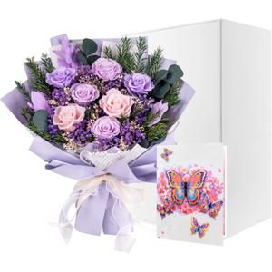 Magic Ants Preserved Roses Real Flowers Last 3 Years No Water 16" Forever Rose Bouquet 7 Lavender Purple Pink Eternas Mothers Day Anniversary Birthday Gift Box Card for Mom Wife Girlfriend