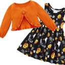 Patgoal Kid Toddler Girl Fall Dress+Cardigan 2 Piece Pumpkin Sleeveless Dress and Cardigan Set Halloween Thanksgiving Outfits (Orange)