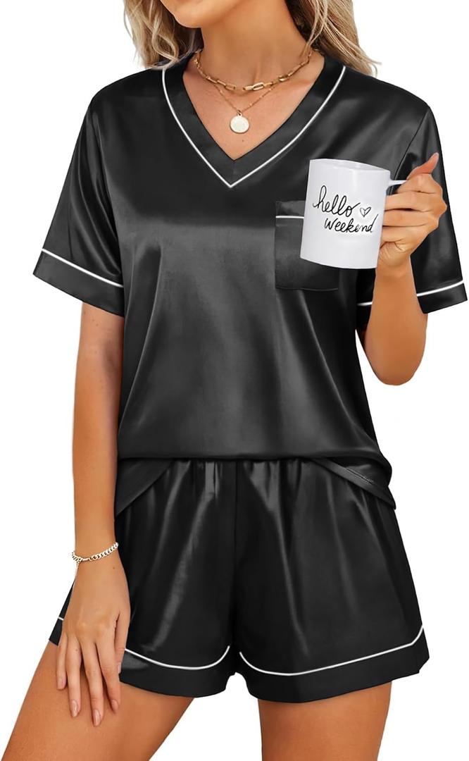 WIHOLL Silk Pajamas for Women Short Sleeve Sleepwear Soft Lounge Sets 2 Piece Satin Pjs