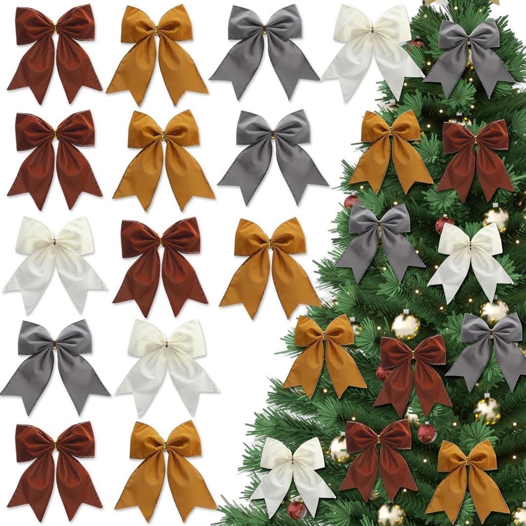 16 Pcs Neutral Christmas Velvet Bows 6 Inch Rustic Wreath Gift Bows Vintage Xmas Velvet Ribbon Bow for Christmas Tree Garland DIY Craft Wrapping Holiday Decor, Burgundy Red, Milky White, Khaki, Grey