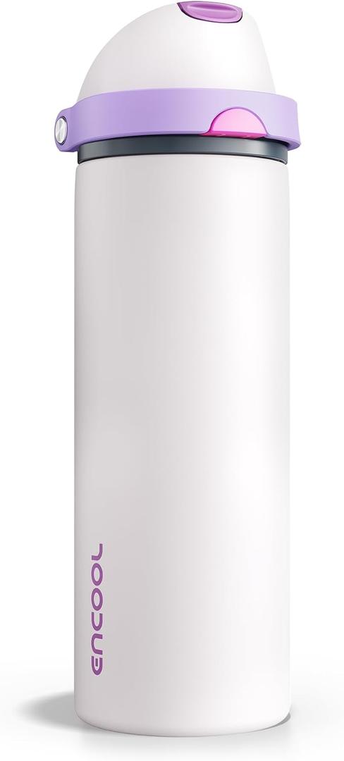 Insulated Water Bottle with Straw - Encool Stainless Steel Water Bottle with Push Button Lid, Leak-Proof & BPA-Free, Keeps Cold for 24 Hours for Sports, Travel, Gym (24 oz, Oyster Pink)