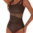 Womens Mesh One Piece Swimsuits Ruched Tummy Control Bathing Suit Modest Full Coverage Slimming Swim Suit (Brown, L)