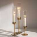 Gold Hurricane Taper Candle Holders: Glasseam 3Pcs Brass Candlestick Holders with Ribbed Glass Cylinder Cover Fluted Tall Candle Sticks Holder Decor for Table Centerpiece Wedding Christmas Decorations