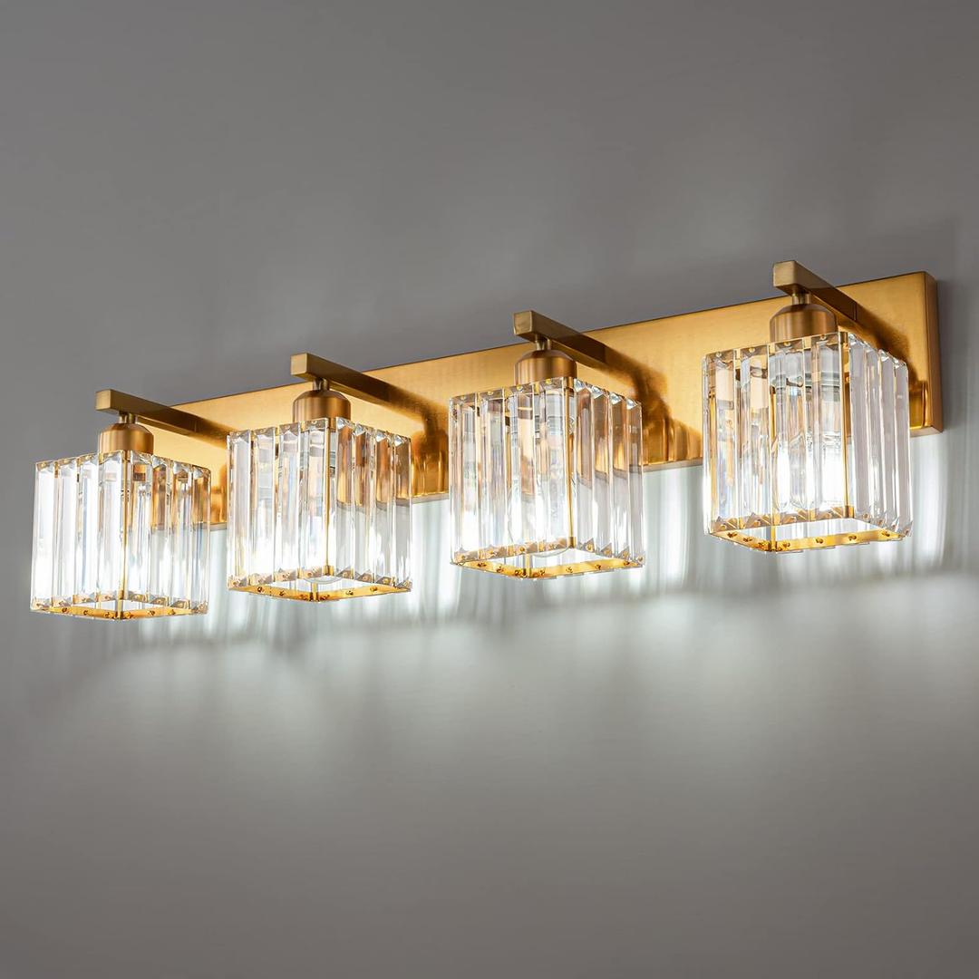 Modern Vanity Light 4-Lights Modern Gold Brushed Brass Finish Crystal Wall Light Bathroom Vanity Light Fixtures, Light Size】28.34 inches long and 7.48 inches high