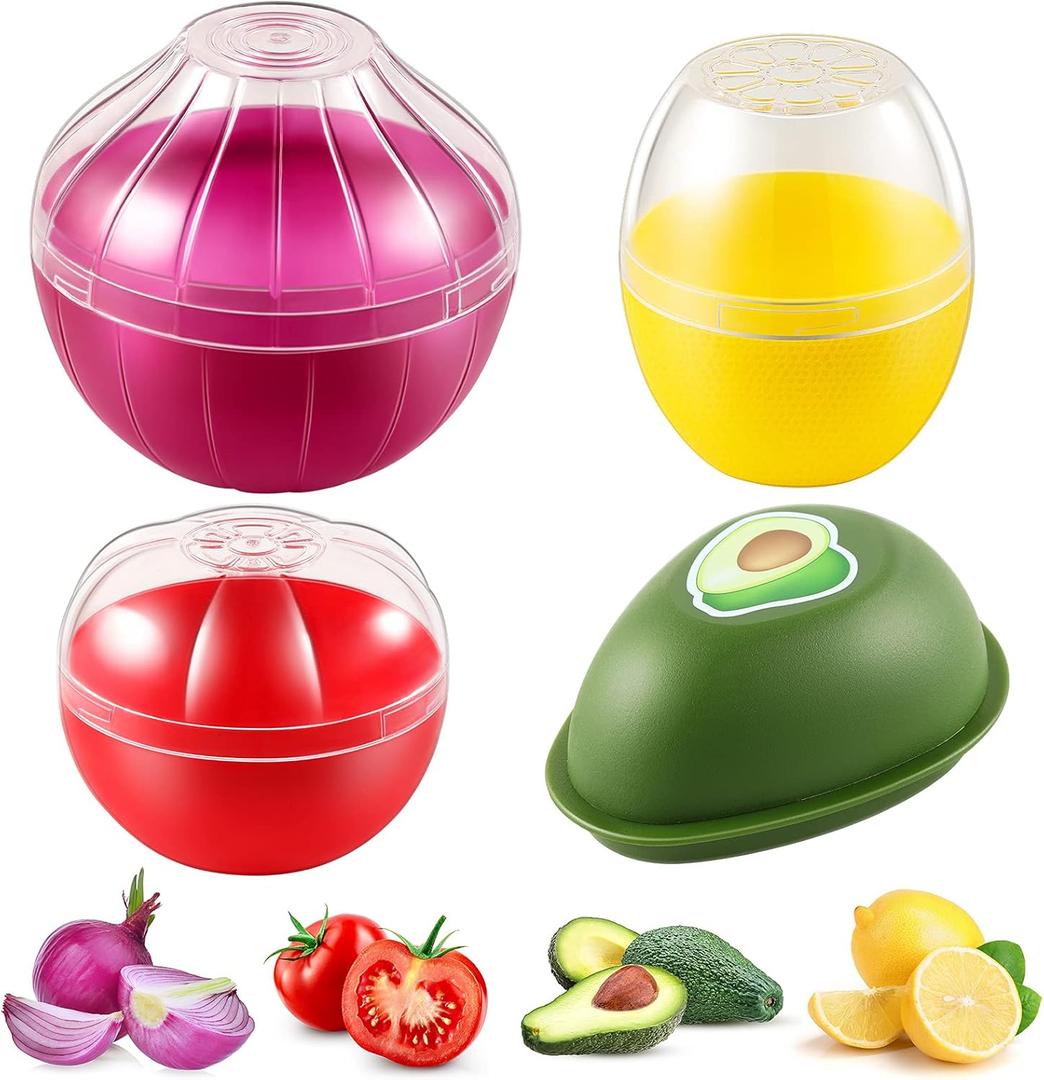 Vegetable and Fruit Storage Containers for Fridge, 4 Pcs BPA Free Reusable Food Saver  Tomato, Avocado, Onion, Lemon Keeper Holder  Refrigerator Vegetable Crisper for Keeping Food Fresh Longer