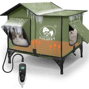 Large Heated Cat House for Outside 21x17x17 in with Time Temperature Intelligent Controller,Inner Insulation Layer and 100% Waterproof,Built in MET and UL Dual Certified Heater (New Green)