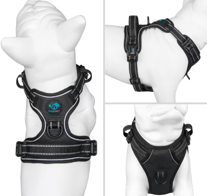 PHOEPET No Pull Dog Harness Reflective Front Clip Vest with Handle,Adjustable 2 Metal Rings 3 Buckles,[Easy to Put on & Take Off](M, Black)
