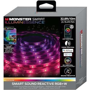 Monster 32.8ft Sound Reactive RGB+W Light Strip, Smart Multi-Color + Multiwhite, Indoor Use, App & Voice Control, Xtreme Easy Assembly