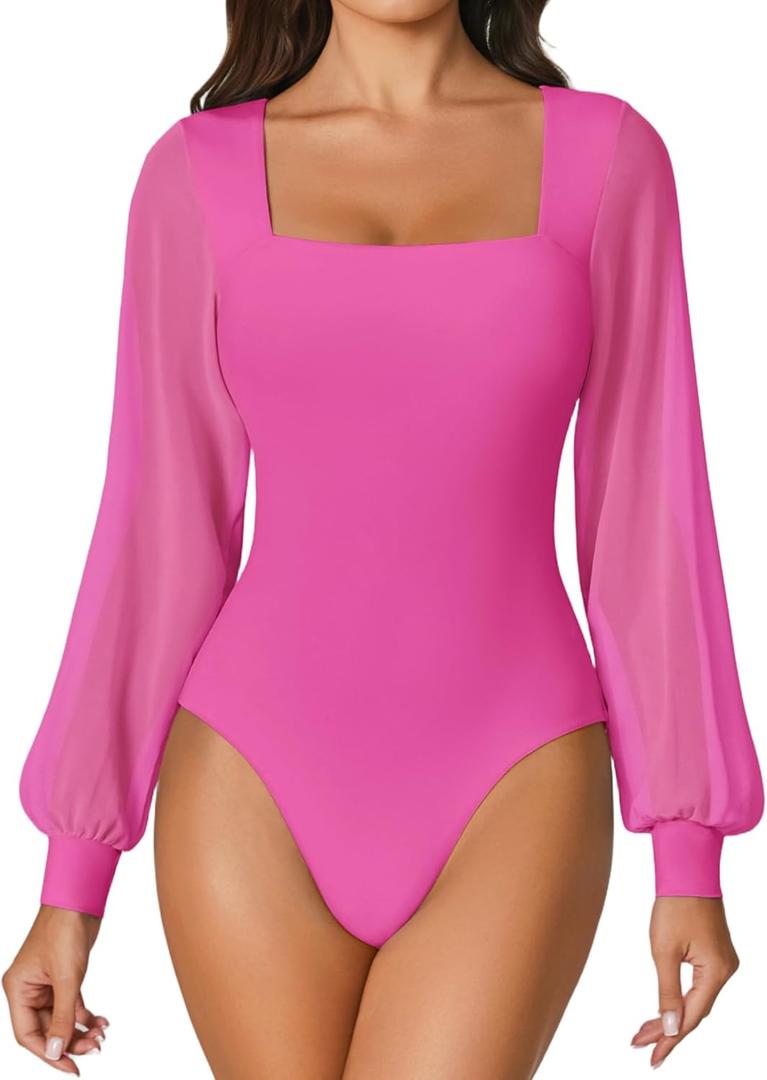 Avidlove Women Puff Long Sleeve Bodysuit Mesh Square Neck Thong Sexy Body Suits Double Lined Leotards, Rose Red, Large