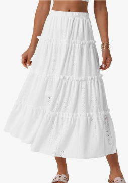 Women's Maxi Skirts Elastic Waist Tiered A Line Eyelet Skirt Ruffle Boho Long Summer Casual Skirt,  Size Large 