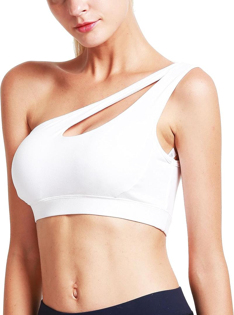 RUNNING GIRL Womens One Shoulder Sports Bras Workout Left Strap Yoga Bras Cute Medium Support Crop Top (White, L)