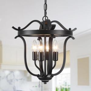 Yidelloc Black Chandelier Farmhouse Cage Pendant Light E12 4 Light Ceiling Light Fixtures Vintage Chandeliers for Dining Room Kitchen Entryway Hallway Foyer
