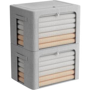 2 Pack Clothes Storage Bins Stackable Metal Frame Storage Box Large Capacity Foldable Linen Fabric Box Organizer with Carrying Handles and Clear Window(Light Gray, 23.6X 16.5X 15.7 Inch) (23.6X 16.5X 15.7 Inch, Light Gray)