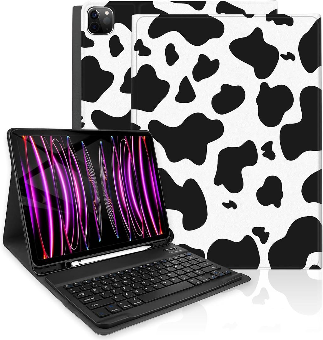 TopPerfekt Keyboard Case for iPad Pro 12.9" 6th/5th/4th/3rd Gen (2022/2021/2020/2018), Magnetically Absorbent, Auto Sleep/Wake,Support 2nd Gen Pencil Wireless Charge, with Pencil Holder - Black Cow