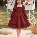 JiAmy Girls Dresses Square Neck Lantern Long Sleeve Ruched Smocked Back Double Layer Ruffle Dress (7-8 Years, Wine Red)