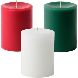 Holiday Collection: Assorted 3" x 4" Scented Pillar Candles - Red, Green, White (Mistletoe, Bayberry, Apples and Cinnamon Scents) - Handmade, Ideal Holiday Gift