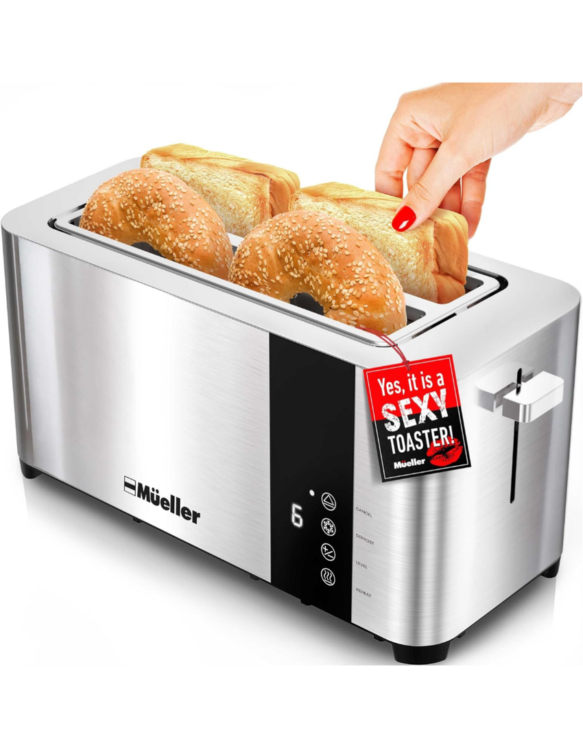 Mueller UltraToast Full Stainless Steel Toaster 4Slice, Long Extra-Wide Slots with Removable Tray, Cancel/Defrost/Reheat Functions, 6 Browning Levels with LED Display, Housewarming Gifts New Home
