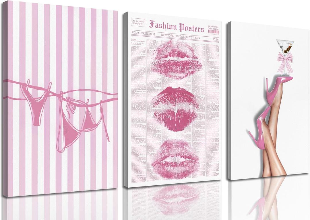 3Pcs Trendy Coquette Wall Art Pink Lips Bikini & Bow Heels Wall Decor Pictures Vintage Martini Newspapaer Canvas Posters Prints for Y2K Girly Room Dorm Apartment Preppy Aesthetic Decor 12x16in