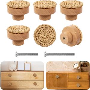 ANPHSIN Boho Rattan Cabinet Dresser Knobs- Durable Beech Wood Drawer Knobs, Decorative Handmade Wicker Woven Pulls Handles with 12 Screws for Home Furniture