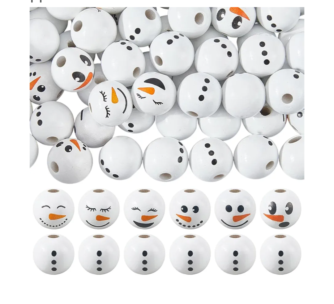 arricraft 80 Pcs Christmas Snowman Wooden Beads, 7 Styles Snowman Theme Printed Wood European Beads Large Hole Round Bead for Christmas Party Decor DIY Craft Supplies