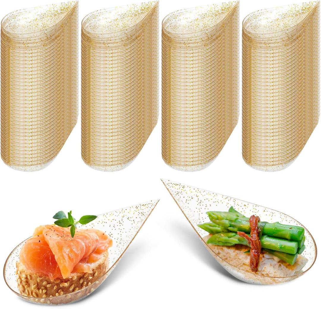 Tessco 200 Pcs 4" Tear Drop Appetizer Spoons Mini Appetizer Plates Reusable Tasting Spoons Plates Catering Supplies Disposable for Serving Small Desserts Cakes Bowls(Clear with Gold Glitter)