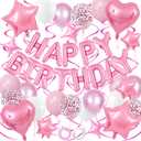 Pink Birthday Decorations, 3D Foil Pink Happy Birthday Balloon Banner with Star and Heart Balloons, Confetti Balloons, Hanging Swirls, for Girls Women Party Decorations