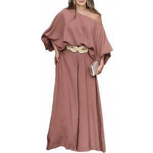 CHICME Women Summer 2 Piece Outfits Off Shoulder Top Flowy Wide Leg Pants Set Vacation Travel Airport Outfits M