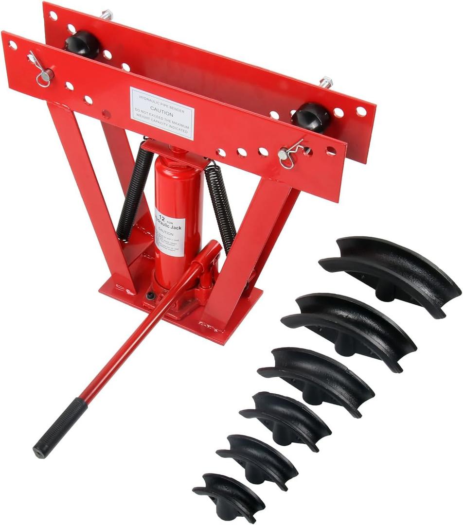 12 Ton Pipe Bender Manual Hydraulic, Piping Bending Exhaust Tube Fabric with 6 Dies, Adjustable Rollers 90-180 Degree Bending Steel Iron Metal Ratcheting for Pipe Tube Bender