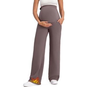 G4Free Fleece Lined Maternity Yoga Pants Over The Belly Stretchy Wide Leg Warm Pregnancy Work Trousers with Pockets (X-Large Tall, Taupe)