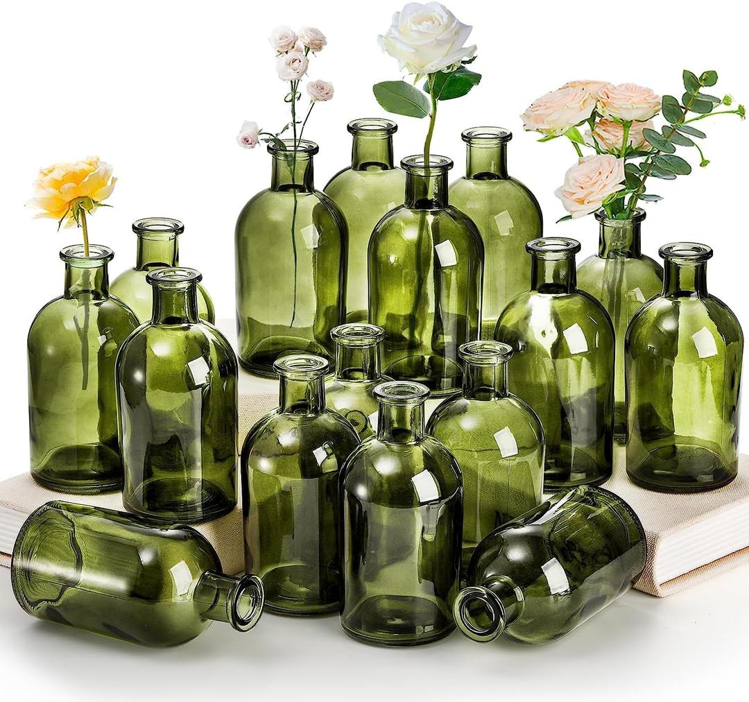 YOUEON 16 Pack Green Glass Bud Vases, Small Bud Vases in Bulk, Glass Flower Vases for Centerpieces, Vintage Decorative Bottle Vases for Flowers, Home Decor, Wedding Reception, Office