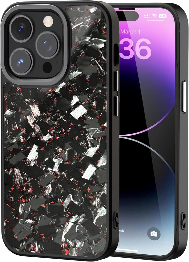 Genuine Forged Carbon Fiber Case for iPhone 14 Pro, Built-in Magnets, Compatible with MagSafe, Military Grade Drop Protection, Shockproof Phone Cover - Glossy Red