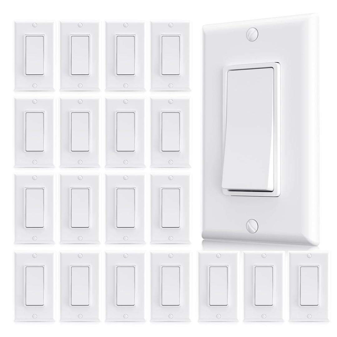 AIDA Single Pole Rocker Decorator Light Switch, 15 Amp Self-grounding Electrical Light Switches, Wall Plate Included, Residential Grade, UL Listed (20 Pack, Glossy White)