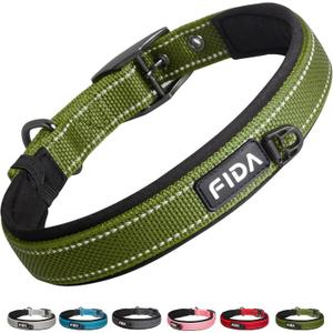 Fida Heavy Duty Dog Collar for Medium Dogs, Ultra Comfortable Soft Neoprene Padded, Adjustable Reflective Nylon Pet Collar with Durable Metal Belt Buckle for Medium Breeds (M, Green) (Medium(14.5"-19"))