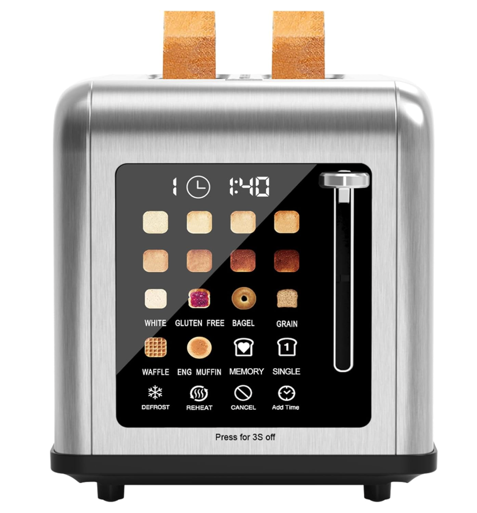Clixane Touch Screen Toaster with Wide Slots Stainless Steel Toasters for Family Breakfast, Even Toasting for Bagels & Bread, Reheat & Defrost, Easy Removable Crumb Tray, Silver