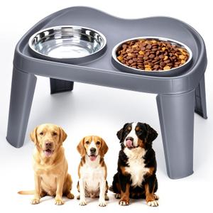 Petizer Large Sized Elevated Dog Bowls, No Spill Raised Height Stand Dog Feeder with 2 Thick 60OZ Stainless Steel Food and Water Bowl Set, Grey, for Medium Large, Food Dishes with Non-Slip Feet