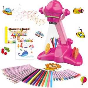Hoarosall Drawing Projector for Kids, Art and Craft Kit, Toys for Girls Aged 3+, Drawing Supplies, Including Colored Pencils, Crayons, Coloring Books, Gift for 3+ Year Old Girls (Rose Red)