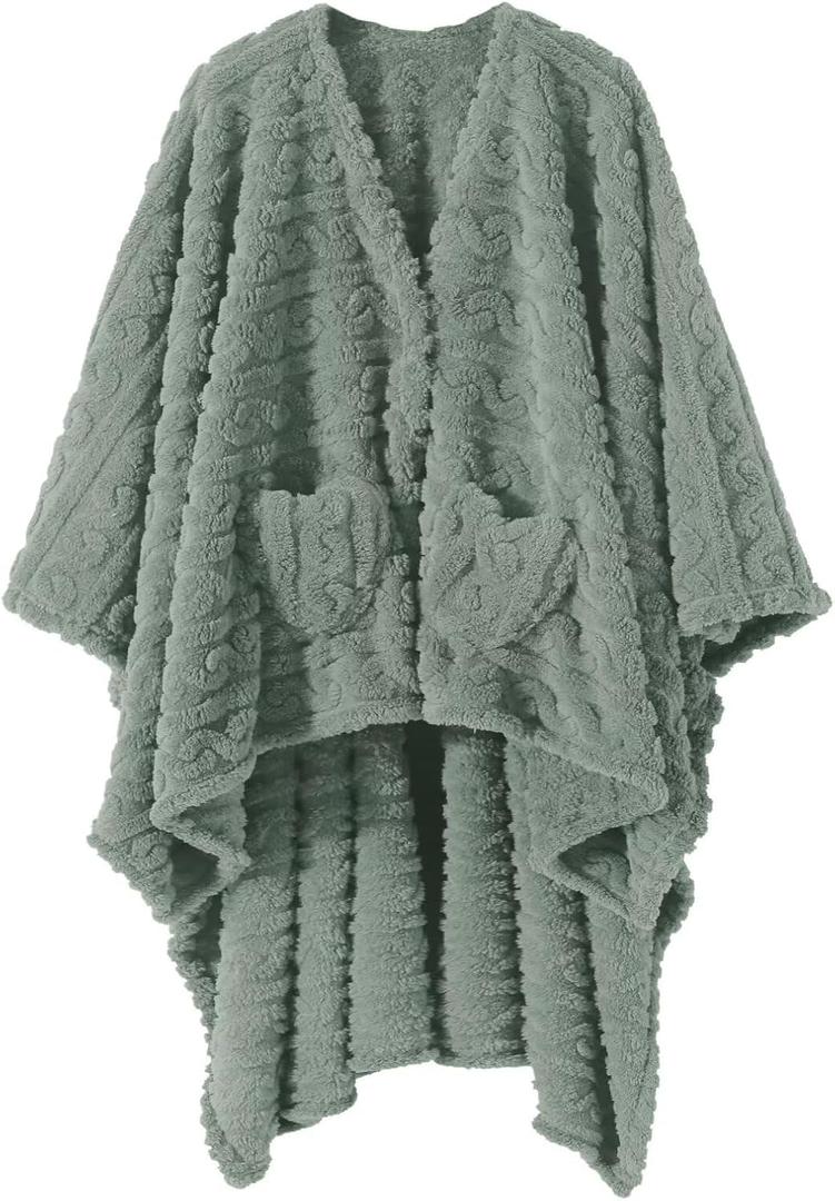 Wearable Blanket Sherpa Fleece Shawl Blanket with Pockets Blanket Poncho Cape for Adults, Cozy Shawl TV Throw Blankets (Sage)