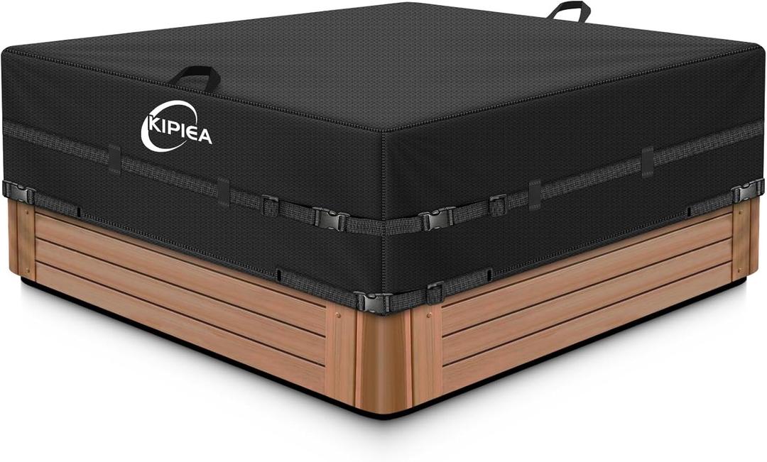 Kipiea 600D Outdoor Waterproof Square Hot Tub Cover Protector, Heavy Duty Polyester SPA Cover UV Protection Cover 85" L x 85" W x 20" H, Black
