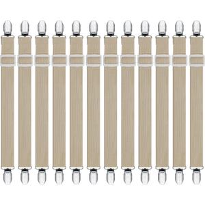 Boao 12 Pcs Bed Sheet Clips Straps Sheet Corner Straps Holder Adjustable Mattress Clips, Elastic Bed Grippers Suspender Fasteners Holder for Home(Khaki,8-12 Inch Length)