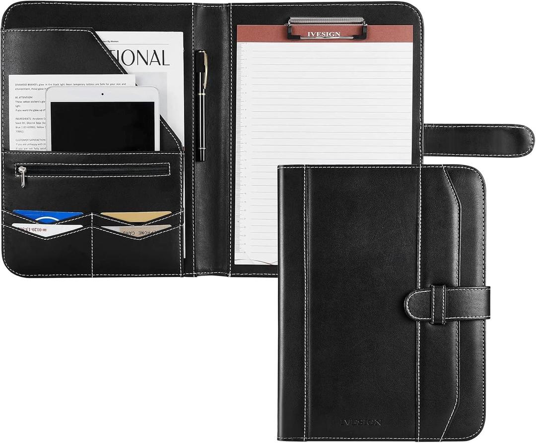 Leather Portfolio Notebook with FolderStorage Clipboard with Cover for Legal Pad Holder Letter Size A4 Writing Pad for Business School Office Resume Conference Notepad Clip Boards(Black)