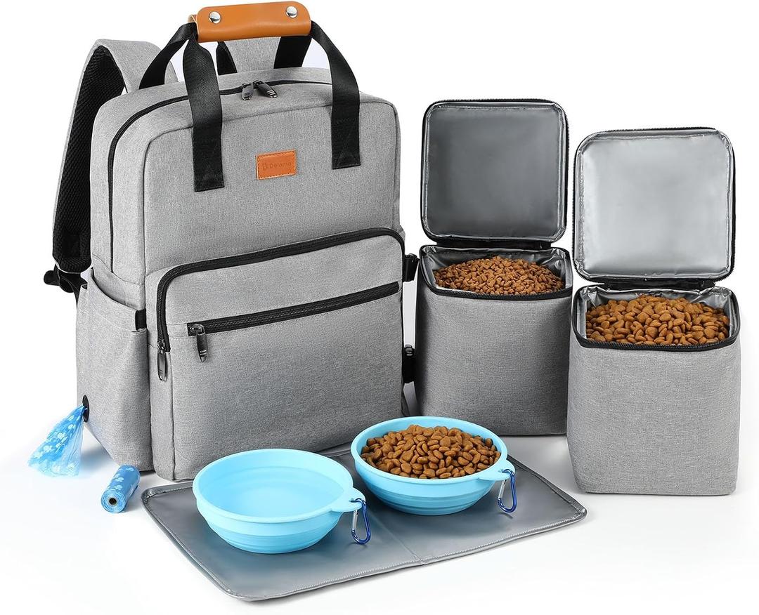 Dog Travel Bag All-in-One Set: DELOMO 25L Airline Approved Dog Travel Backpack with 2 Food Containers + 2 Collapsible Bowls + 1 Waterproof Mat for Weekend to Week-Long Pet Travel, Camping, Road Trips