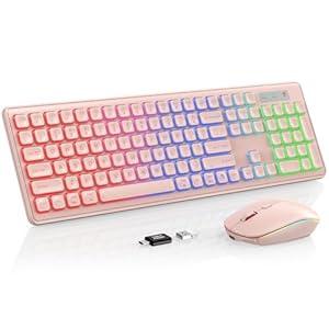 Wireless Keyboard and Mouse Combo, RGB Backlit, Rechargeable & Light Up Letters, Full-Size, Soft Typing, Sleep Mode, 2.4GHz Quiet Keyboard Set for Mac, Windows, Laptop, PC, Trueque KM42Pro (Pink)