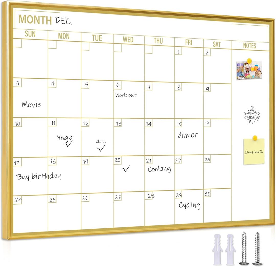 Gold Dry Erase Calendar Whiteboard for wall-18 x24,Portable Aluminum Frame,Magnetic Calendar White Board,Wall Planner Dry Erase Board for Office, Kitchen, School, Home-GG-4560
